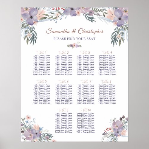 Watercolor Wildflowers Seating Chart 10 Tables