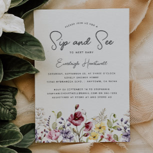 Watercolor Wildflowers Sip and See Baby Shower Invitation