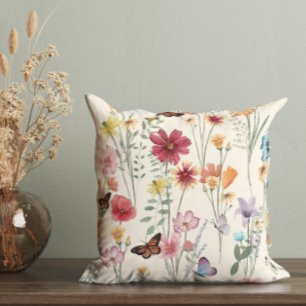Watercolor Wildflowers Spring Summer Meadow Throw Pillow