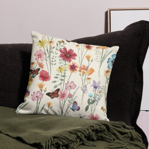 Watercolor Wildflowers Spring Summer Meadow Throw Pillow