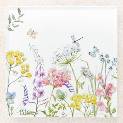 Watercolor Wildflowers Summer Meadow Floral  Glass Coaster