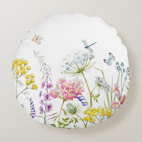 Watercolor Wildflowers Summer Meadow Floral  Round Pillow