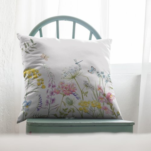 Watercolor Wildflowers Summer Meadow Floral Throw Pillow