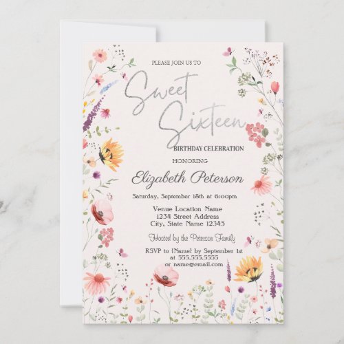 Watercolor Wildflowers  Sweet 16 Invitation