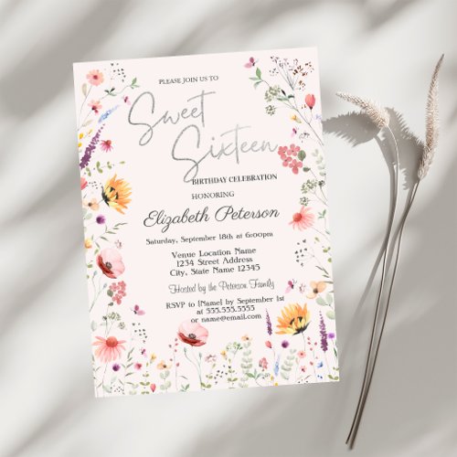 Watercolor Wildflowers Sweet 16 Invitation
