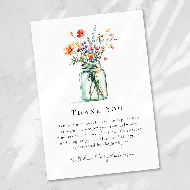 Watercolor Wildflowers Sympathy Funeral Thank You Card | Zazzle