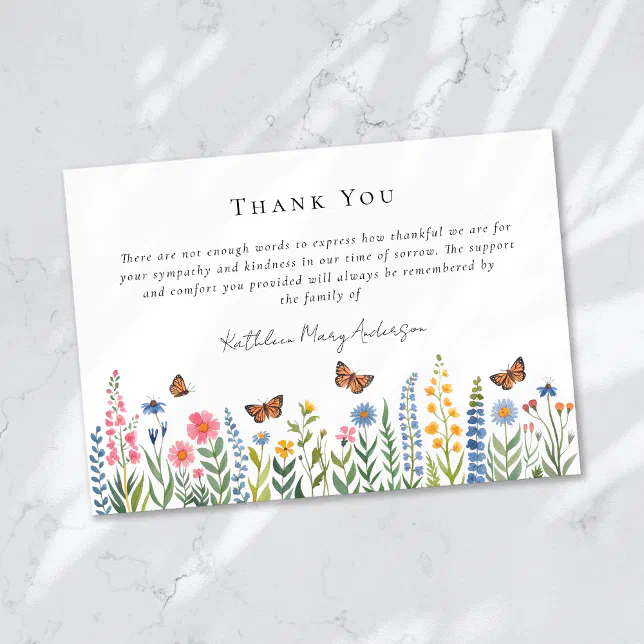 Watercolor Wildflowers Sympathy Funeral Thank You Card | Zazzle