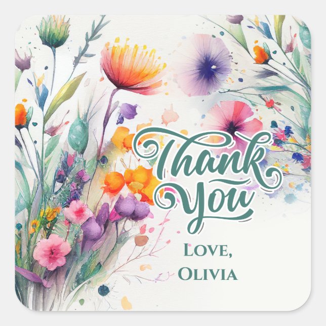 Watercolor Wildflowers Thank You Square Sticker (Front)