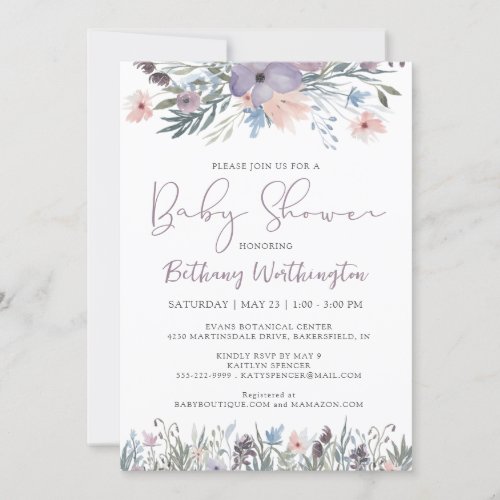 Watercolor Wildflowers Violet Baby Shower Invitation