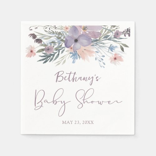 Watercolor Wildflowers Violet Baby Shower Napkins