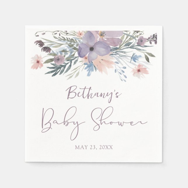 Watercolor Wildflowers Violet Baby Shower Napkins (Front)