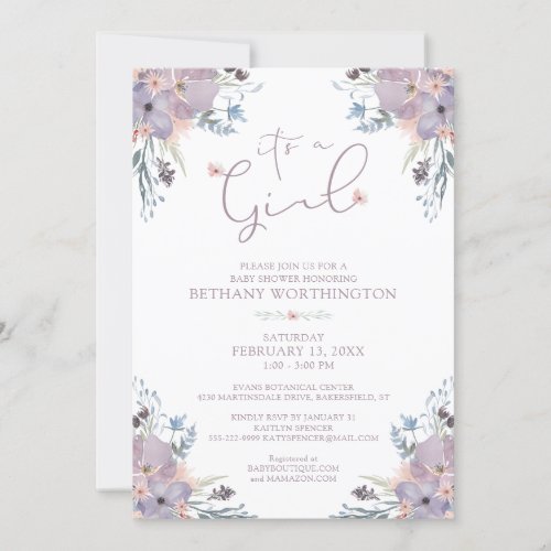 Watercolor Wildflowers Violet Girl Baby Shower  Invitation