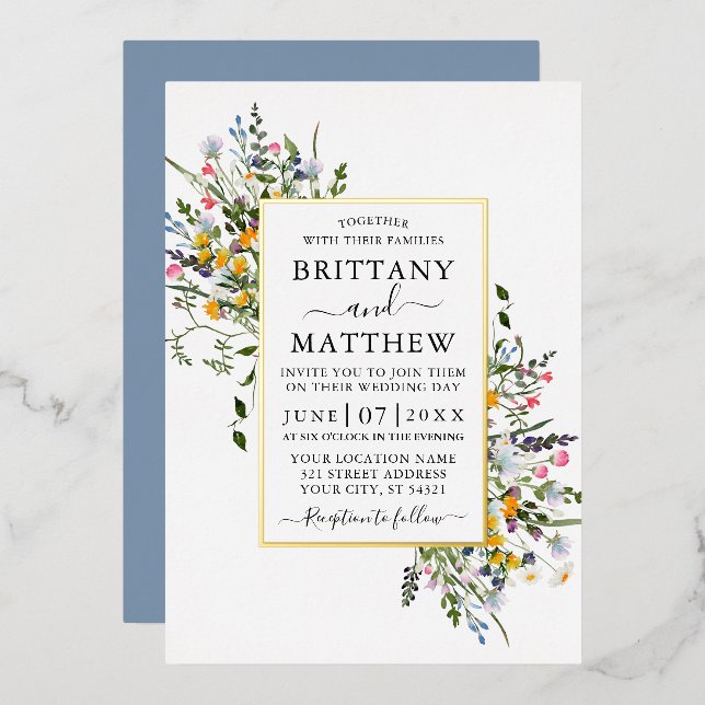 Watercolor Wildflowers Wedding Dusty Blue Gold Foil Invitation (Front/Back)