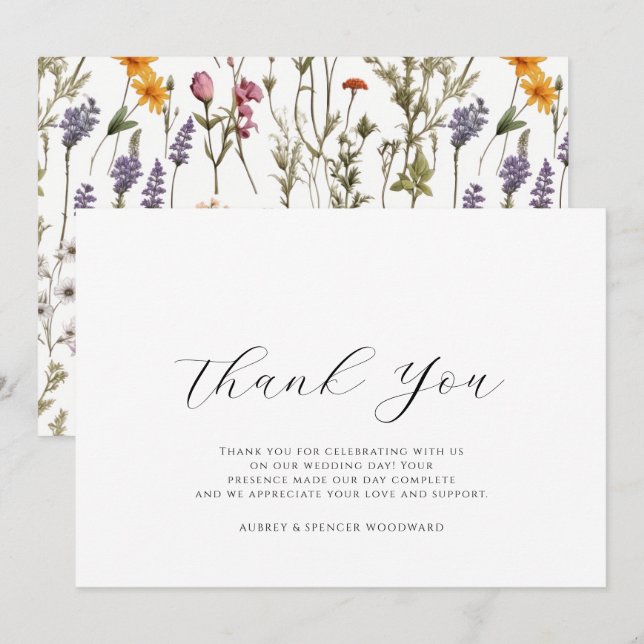 Watercolor wildflowers Wedding Flat Thank You Card (Front/Back)