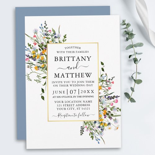 Watercolor Wildflowers Wedding Gold Dusty Blue Invitation