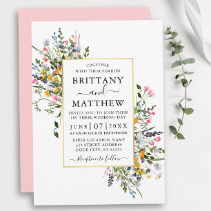 Watercolor Wildflowers Wedding Gold Pink Blush Invitation