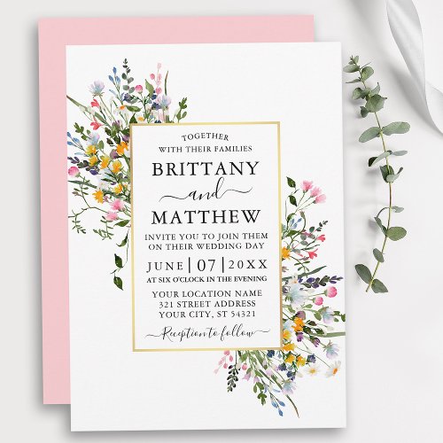 Watercolor Wildflowers Wedding Gold Pink Blush Invitation
