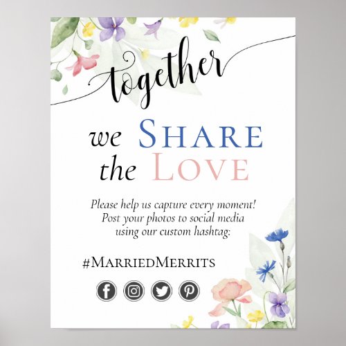 Watercolor Wildflowers Wedding Hashtag Photo Sign