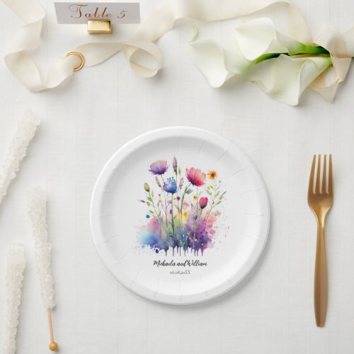 Watercolor Wildflowers Wedding Paper Plates
