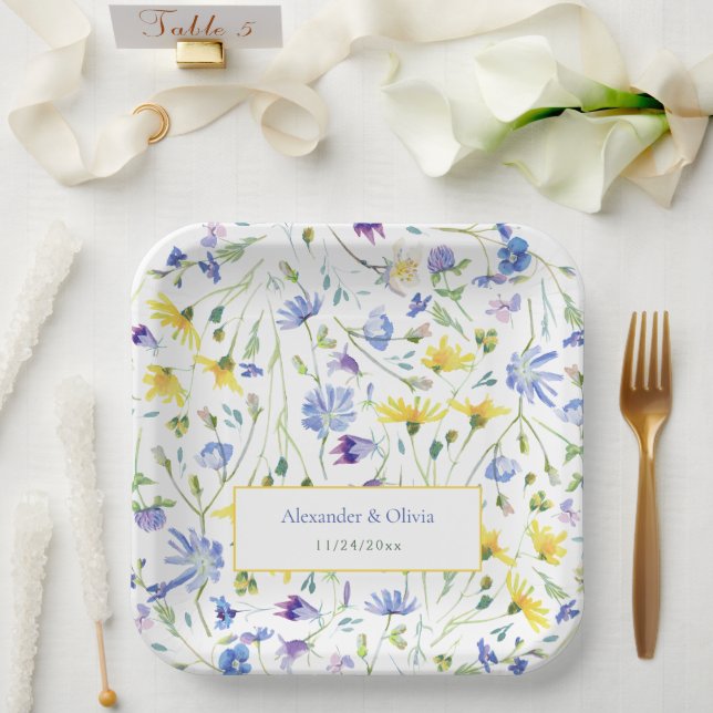 Watercolor Wildflowers Wedding Paper Plates (Wedding)