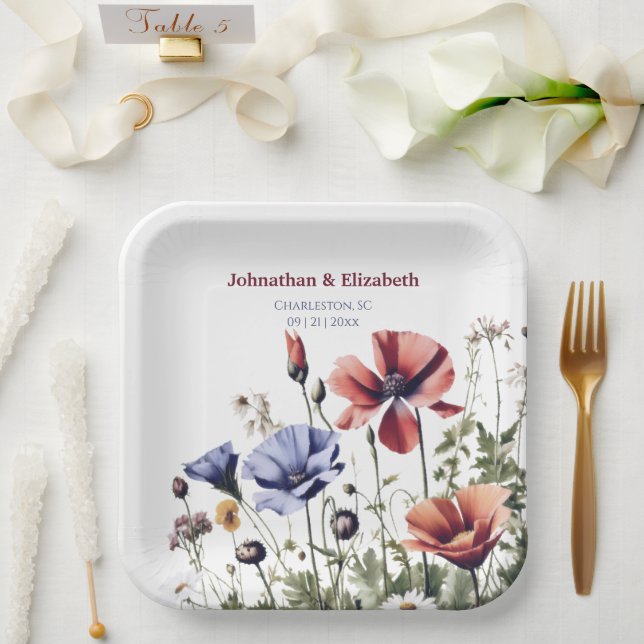 Watercolor Wildflowers Wedding Paper Plates (Wedding)
