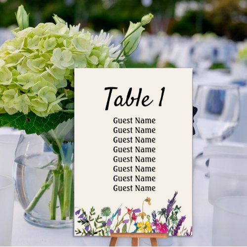 Watercolor Wildflowers Wedding Reception Guest Table Number