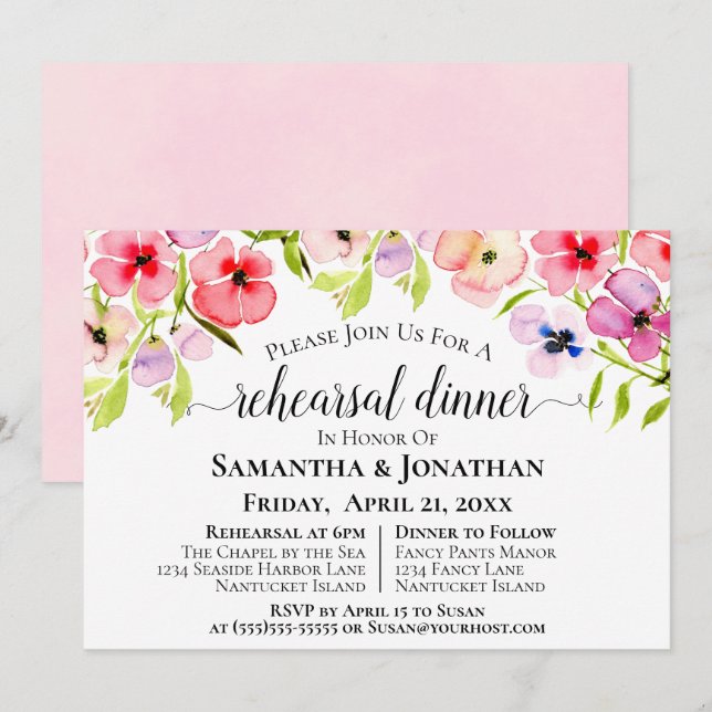 Watercolor Wildflowers Wedding Rehearsal & Dinner Invitation (Front/Back)