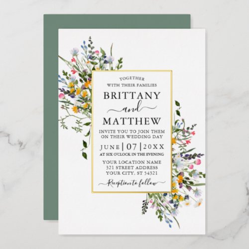Watercolor Wildflowers Wedding Sage Green Gold Foil Invitation