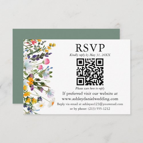 Watercolor Wildflowers Wedding Sage Green QR RSVP Card