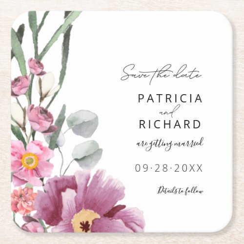 Watercolor Wildflowers Wedding Save The Date Square Paper Coaster