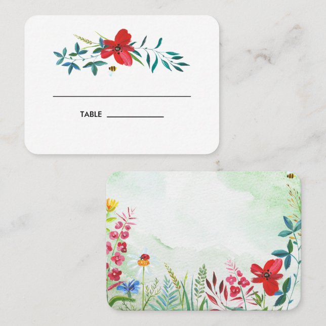 Watercolor Wildflowers Wedding Table Place Cards (Front/Back)