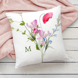Watercolor Wildflowers with Monogram Throw Pillow