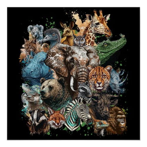 Watercolor Wildlife Collage Poster