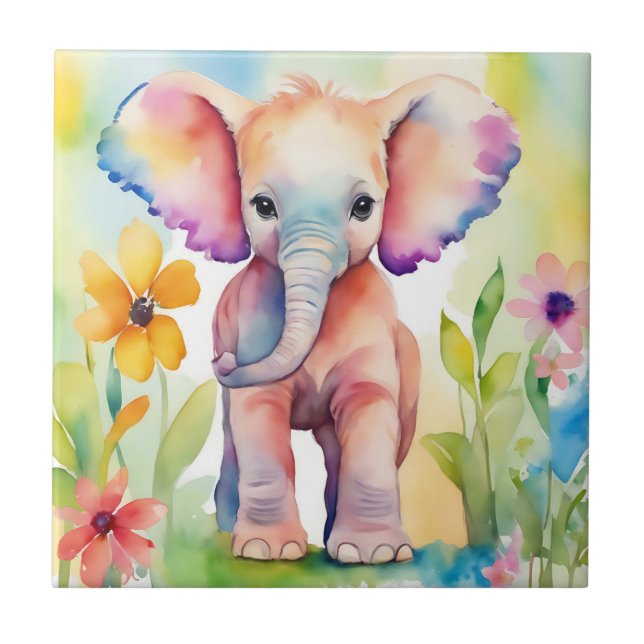 Watercolor Wildlife Elephant Ceramic Tile (Front)