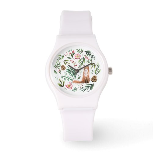 Watercolor wildlife fox with flowers and leaves watch