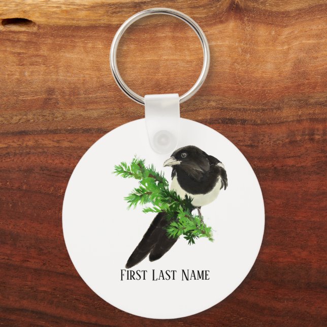 Watercolor Wildlife Magpie Bird Nature art  Keychain (Back)