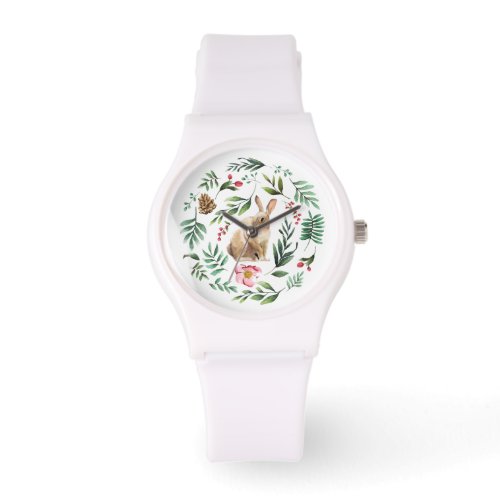 Watercolor wildlife rabbit with flowers and leaves watch