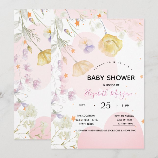 Watercolor Wilflowers,Stars,Clouds Invitation (Front/Back)