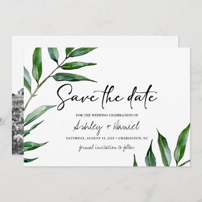 Watercolor willow leaves save the date card (Front/Back)