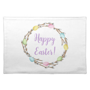 Watercolor Willow Wreath Happy Easter Text Cloth Placemat