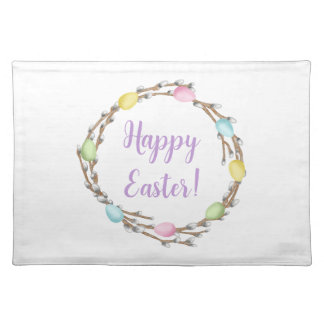 Watercolor Willow Wreath Happy Easter Text Cloth Placemat