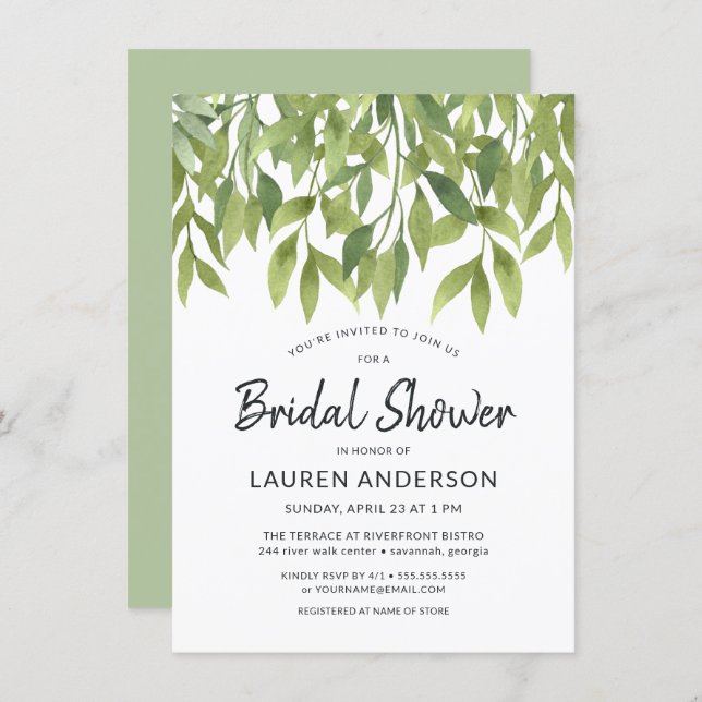 Watercolor Willows Botanical Bridal Shower Invite (Front/Back)