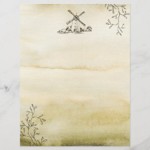 Watercolor Windmill Scrapbook Paper Sheet