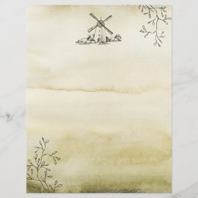 Watercolor Windmill Scrapbook Paper Sheet (Front)
