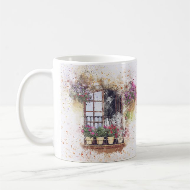 Watercolor Window Garden Colorful Flowers Coffee Mug (Left)