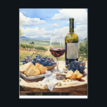 Watercolor Wine and Vineyard Background Postcard<br><div class="desc">This beautiful watercolor wine glass with grapes and bread on a table overlooking a vineyard is perfect for adding a unique flair to your designs,  helping them stand out from the crowd!</div>