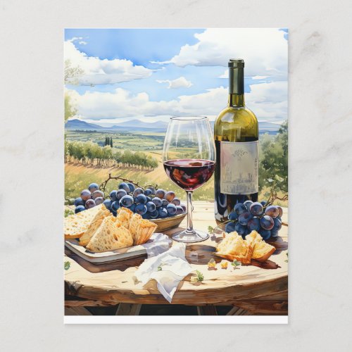 Watercolor Wine and Vineyard Background Postcard