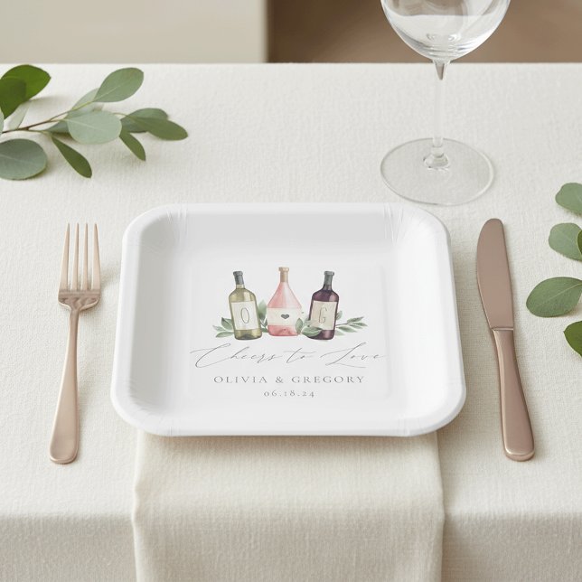 Watercolor Wine & Botanical Cheers to Love Paper Plates (Creator Uploaded)
