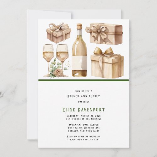 Watercolor Wine Bottle and Glasses Brunch  Bubbly Invitation