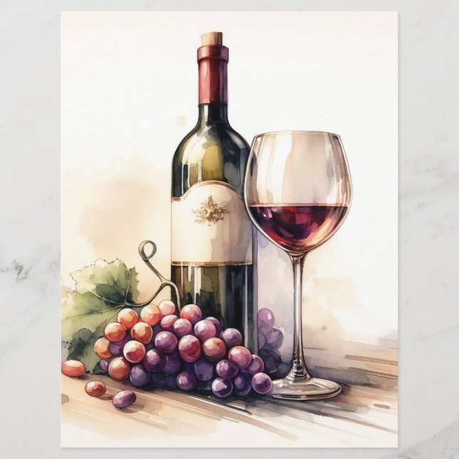 Watercolor Wine Bottle and Grapes Scrapbook Paper (Front)